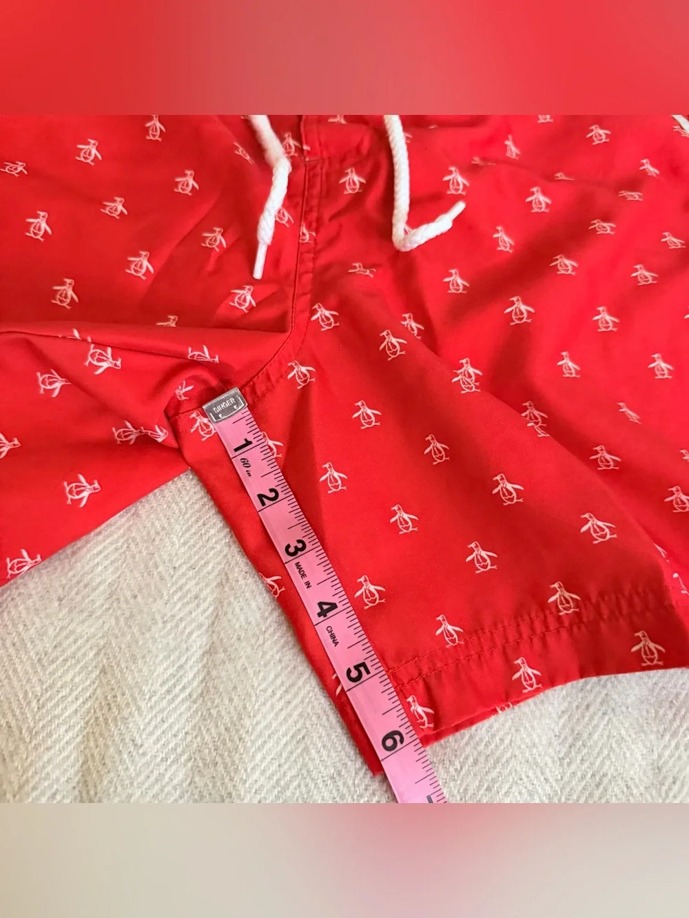 An original PENGUIN Men Swim Short Red Micro Penguin Logo Pattern 30W